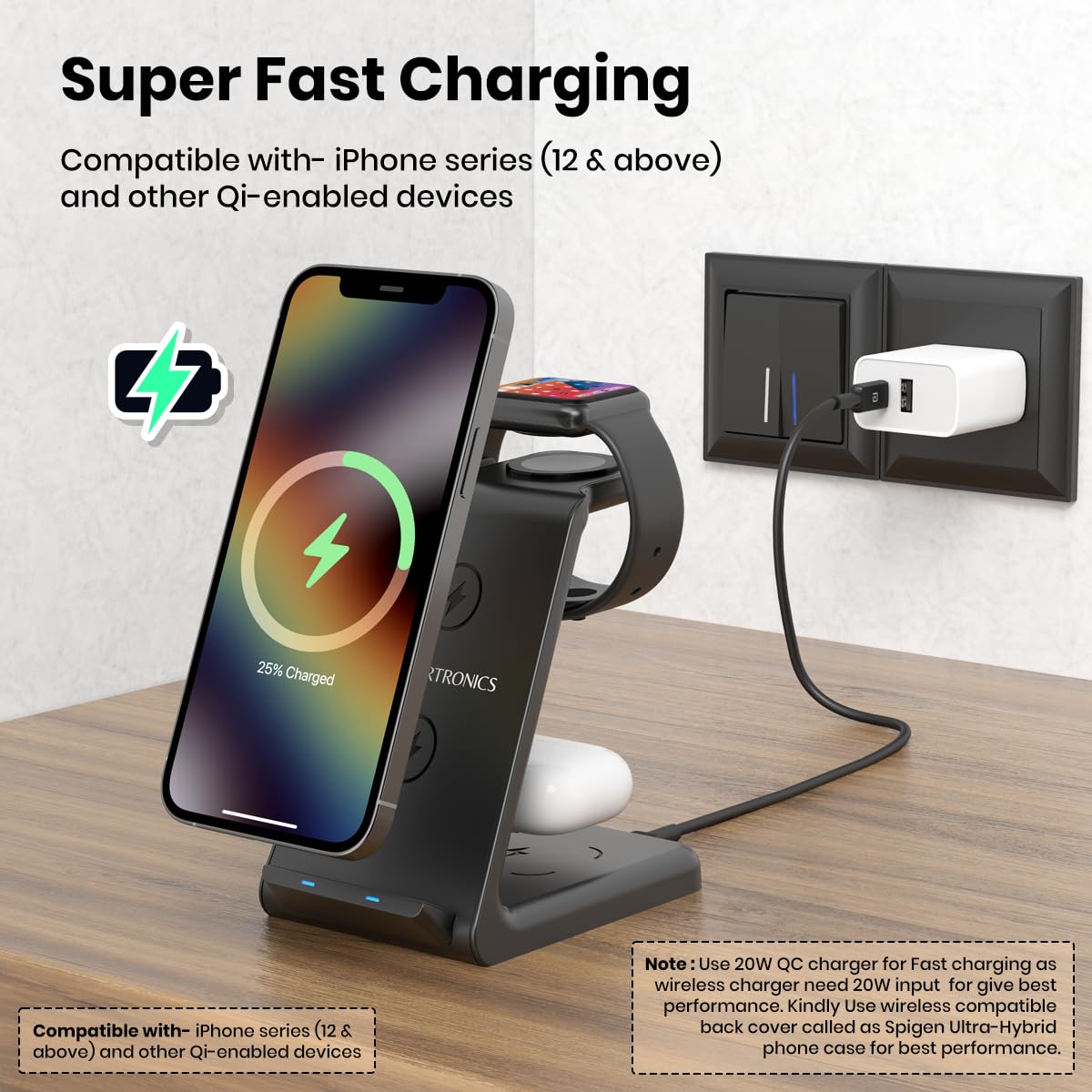 Portronics Freedom Trio – 3-in-1 Fast Wireless Charger for iPhone, iWatch & AirPods - 1014