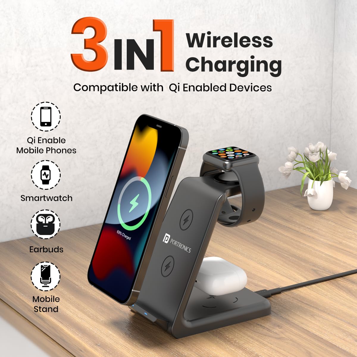 Portronics Freedom Trio – 3-in-1 Fast Wireless Charger for iPhone, iWatch & AirPods - 1019