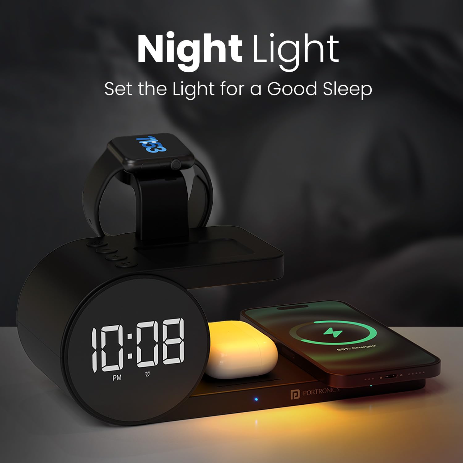 Portronics Freedom 6 – Wireless Charger Station with Night Light & Alarm Clock - 1028