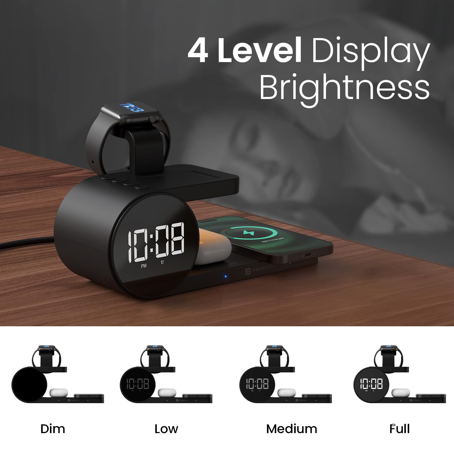 Portronics Freedom 6 – Wireless Charger Station with Night Light & Alarm Clock - 1029