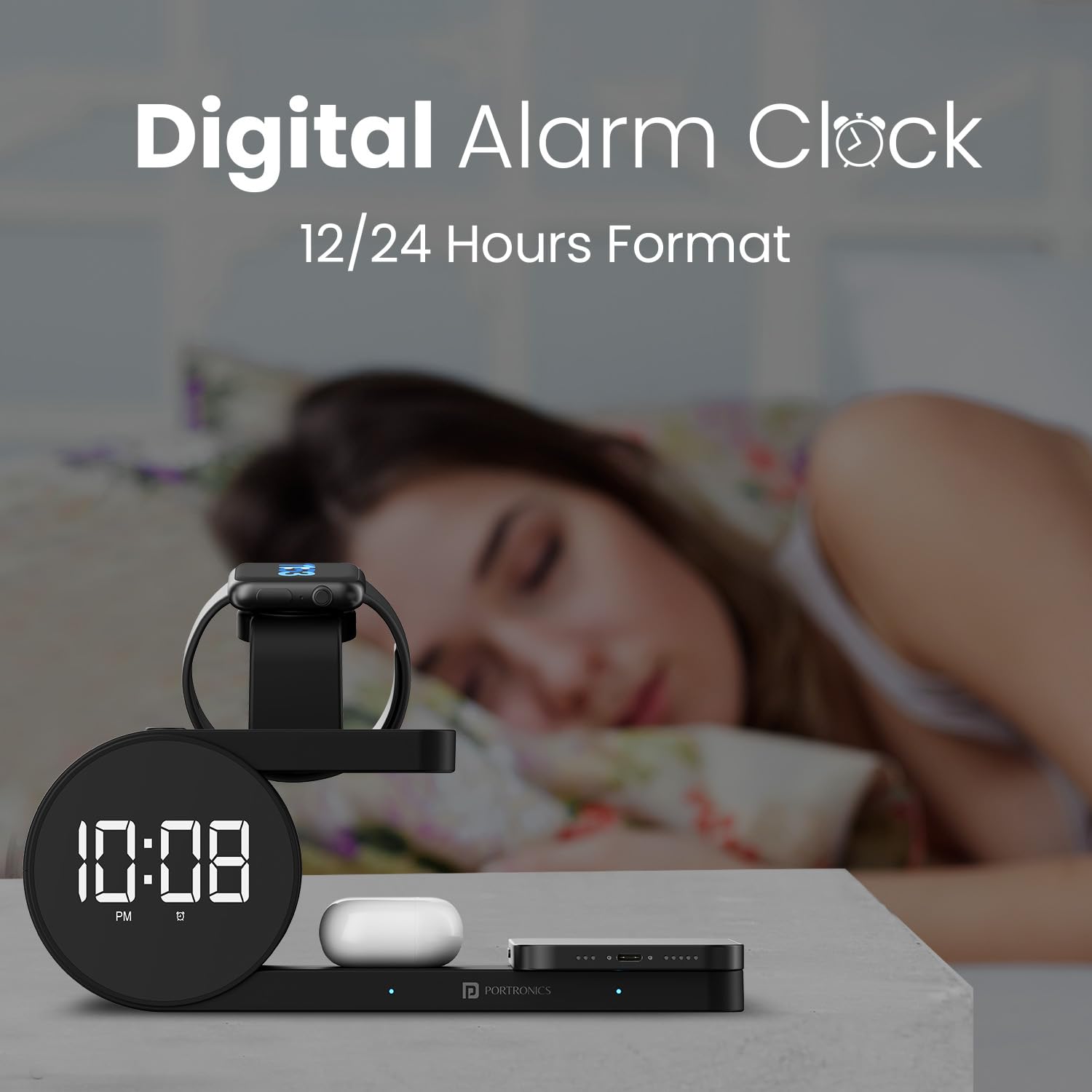 Portronics Freedom 6 – Wireless Charger Station with Night Light & Alarm Clock - 1030