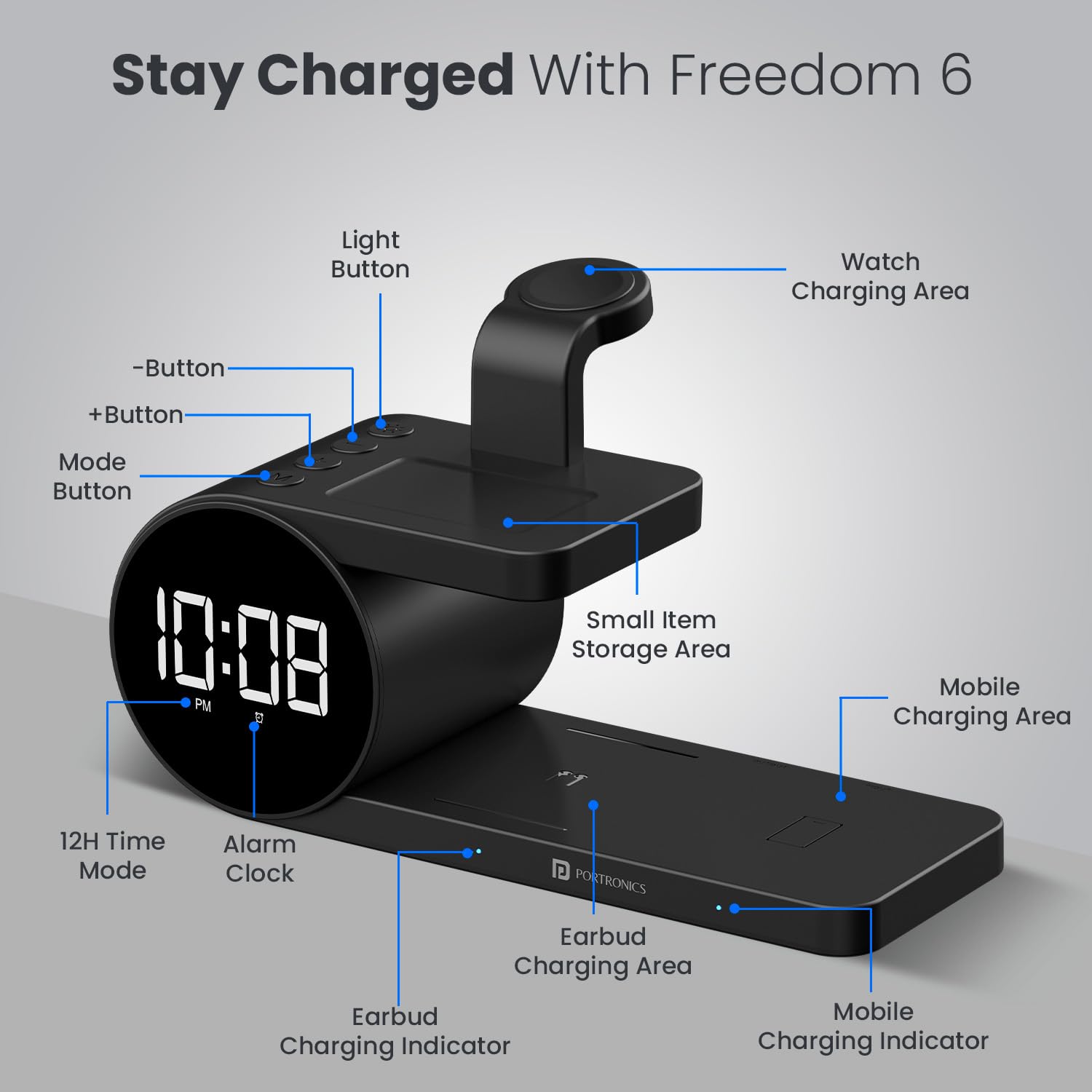 Portronics Freedom 6 – Wireless Charger Station with Night Light & Alarm Clock - 1031