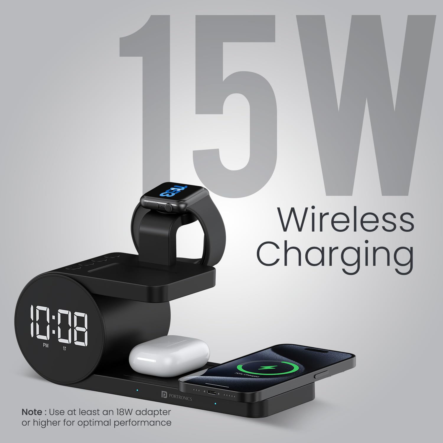 Portronics Freedom 6 – Wireless Charger Station with Night Light & Alarm Clock - 1032