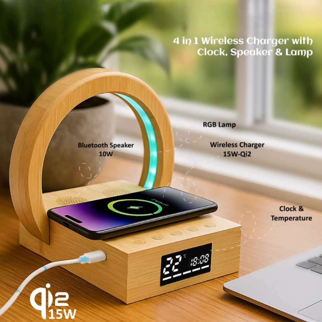 CYPRESS 2.0 – 4 In 1 Wireless Charger with Clock & Bluetooth Speaker and lamp