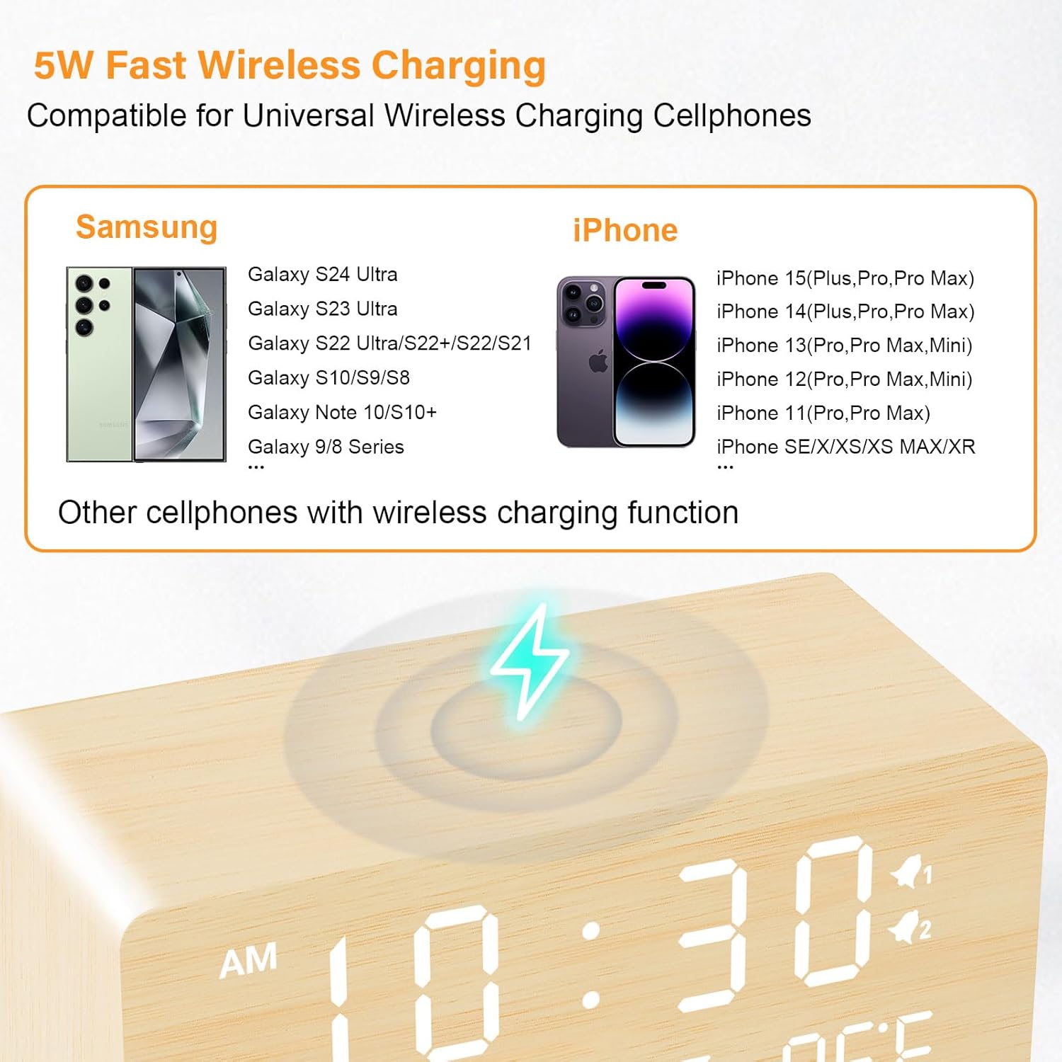 Wooden Digital Clock with Wireless Charger - 634
