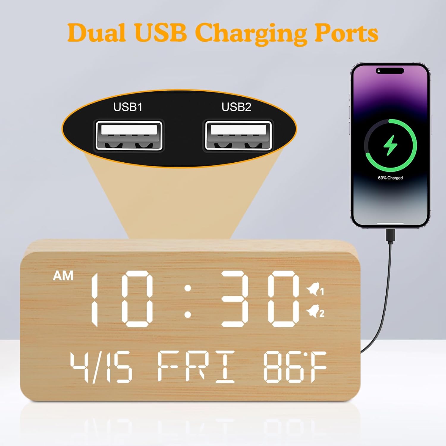 Wooden Digital Clock with Wireless Charger - 635