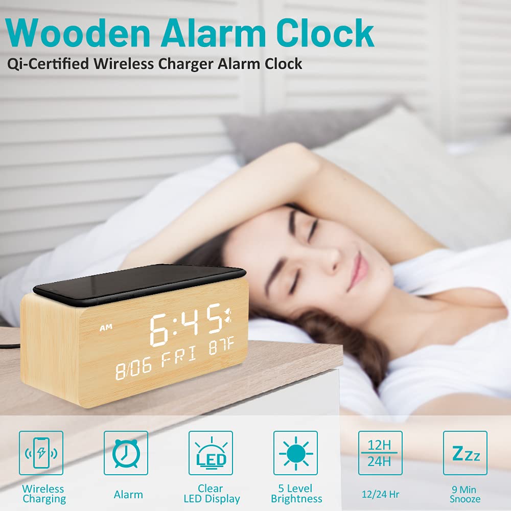 Wooden Digital Clock with Wireless Charger - 636