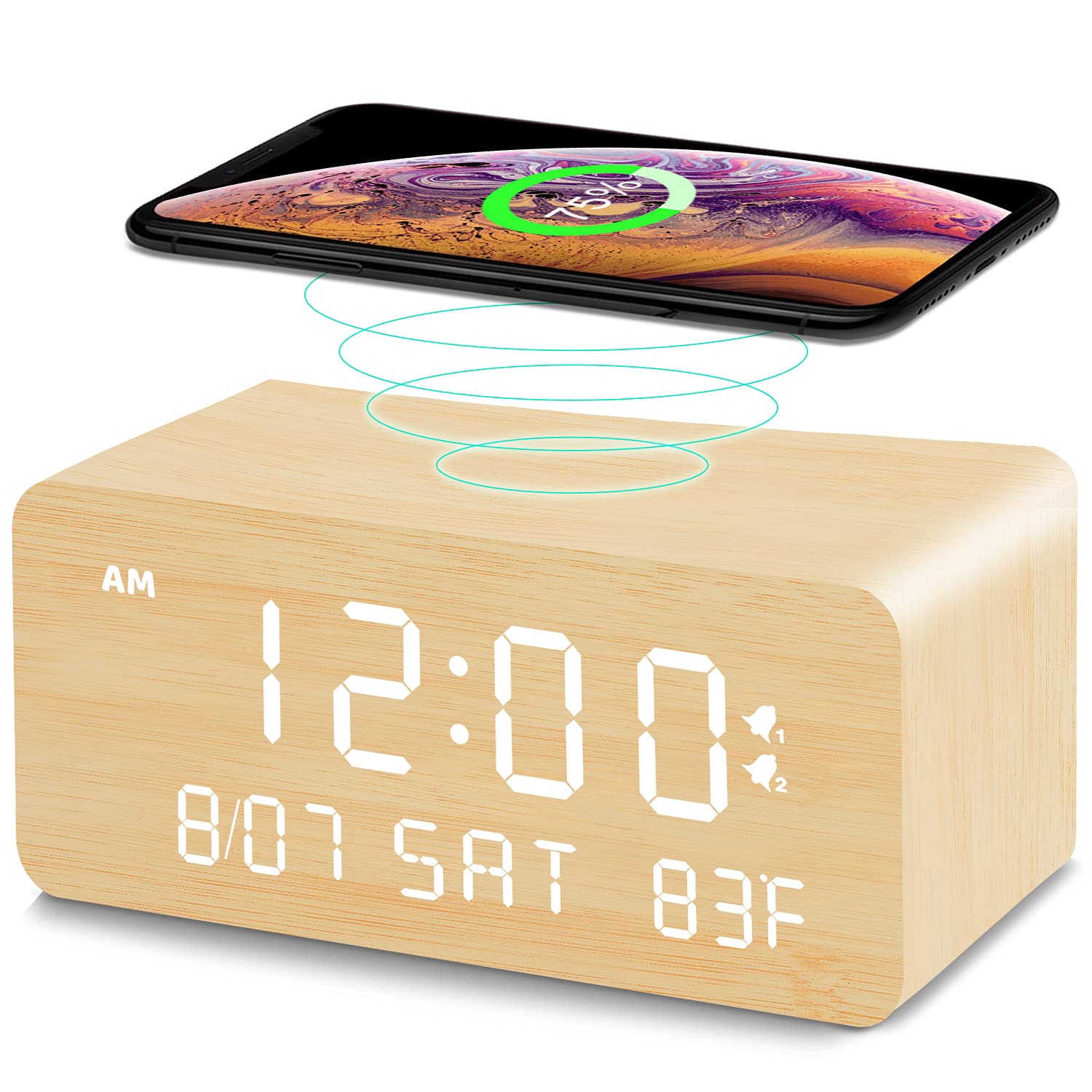 Wooden Digital Clock with Wireless Charger