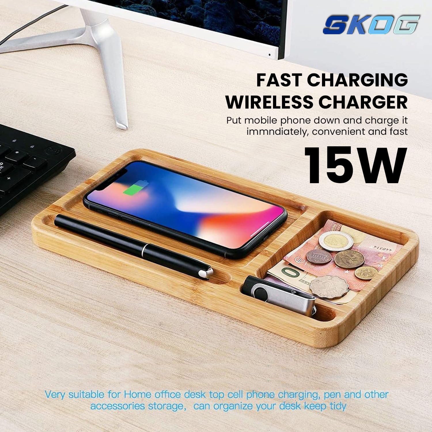 Digi Desk – Bamboo Wireless Charger with Organizer Pad
