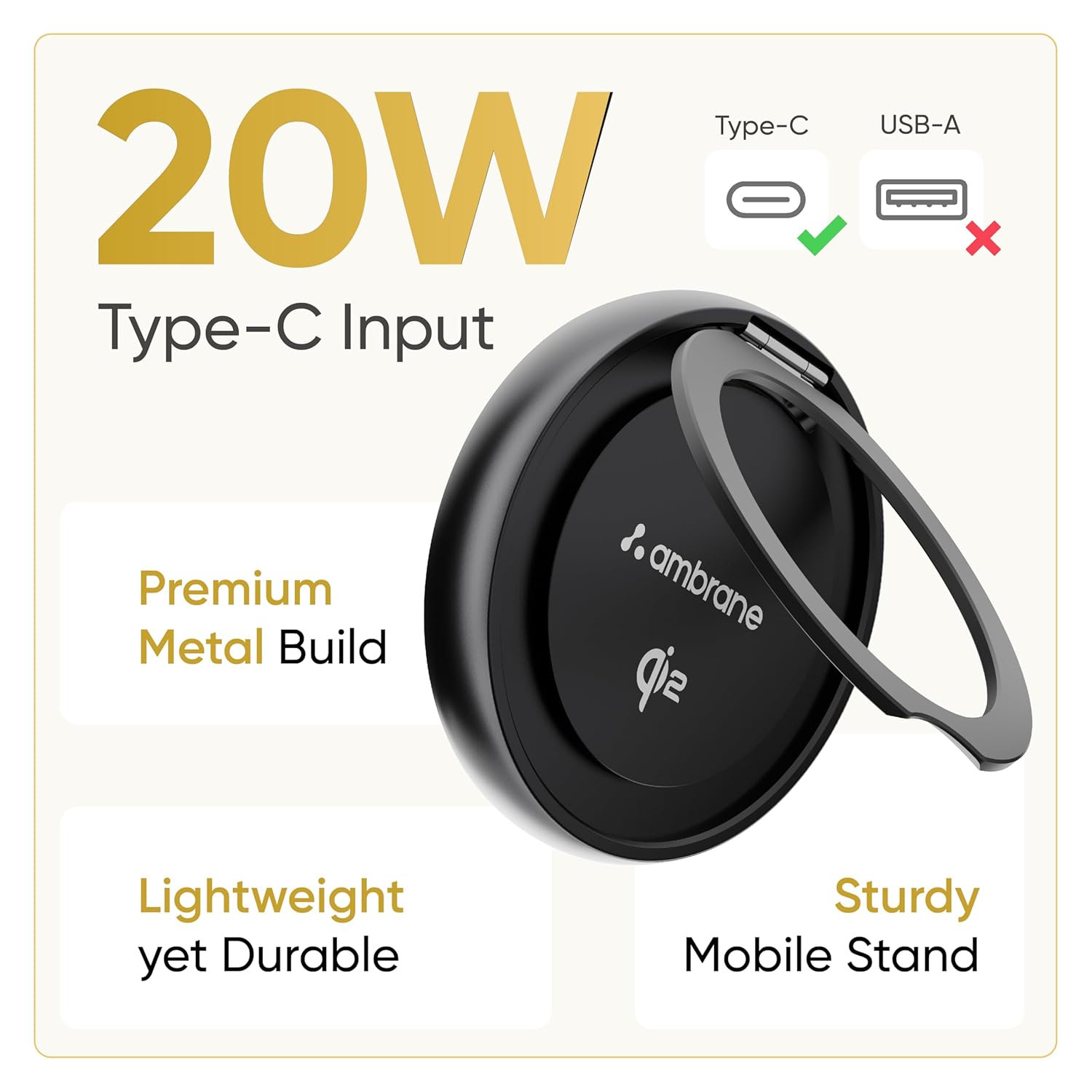 Ambrane AeroSynQ S2 15W Qi2 Wireless Charger & Mobile Stand - 971