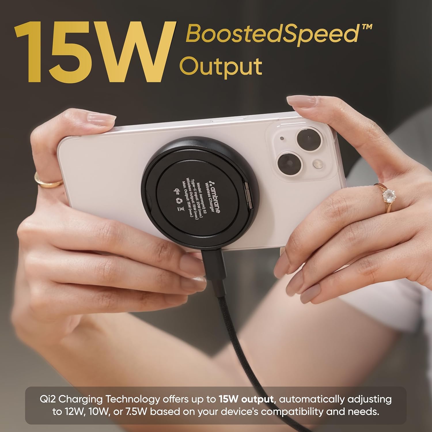 Ambrane AeroSynQ S2 15W Qi2 Wireless Charger & Mobile Stand - 973