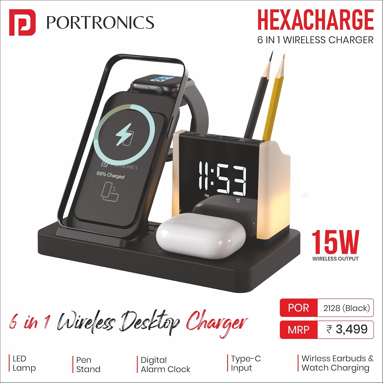 Portronics HexaCharge Wireless Charging Station with Pen Stand - 984