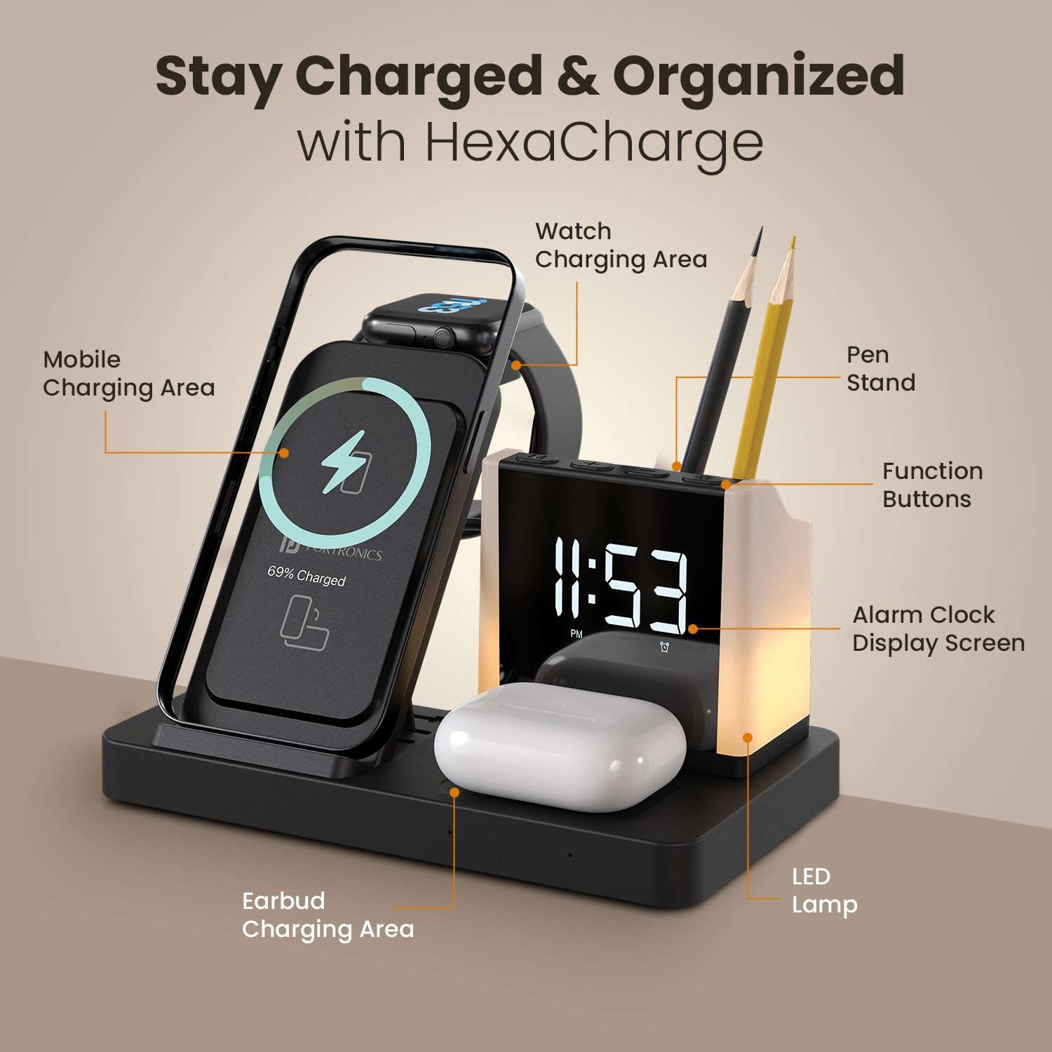 Portronics HexaCharge Wireless Charging Station with Pen Stand - 986