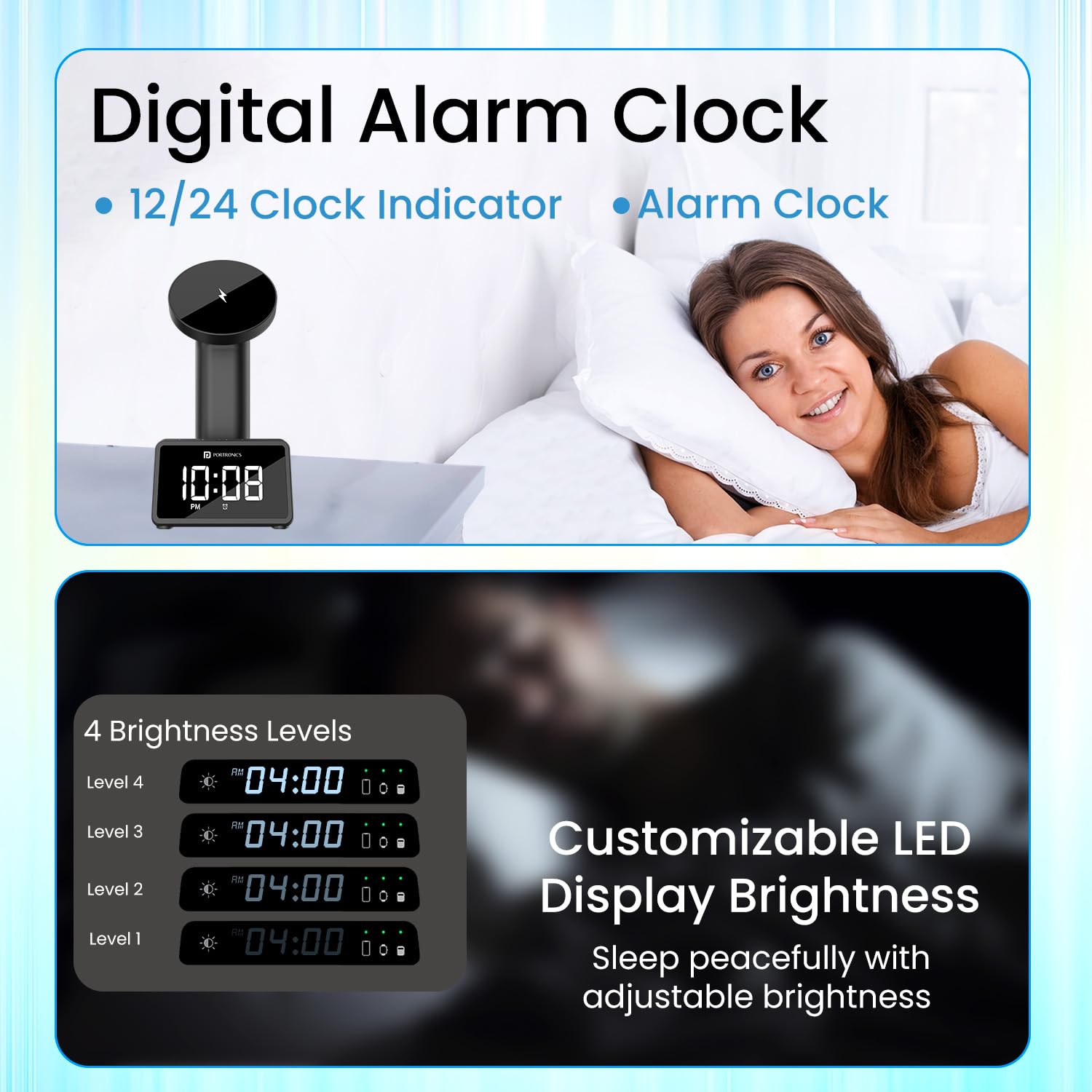 Portronics Bella 2 MagSafe Wireless Charger with Built-In Alarm Clock - 996