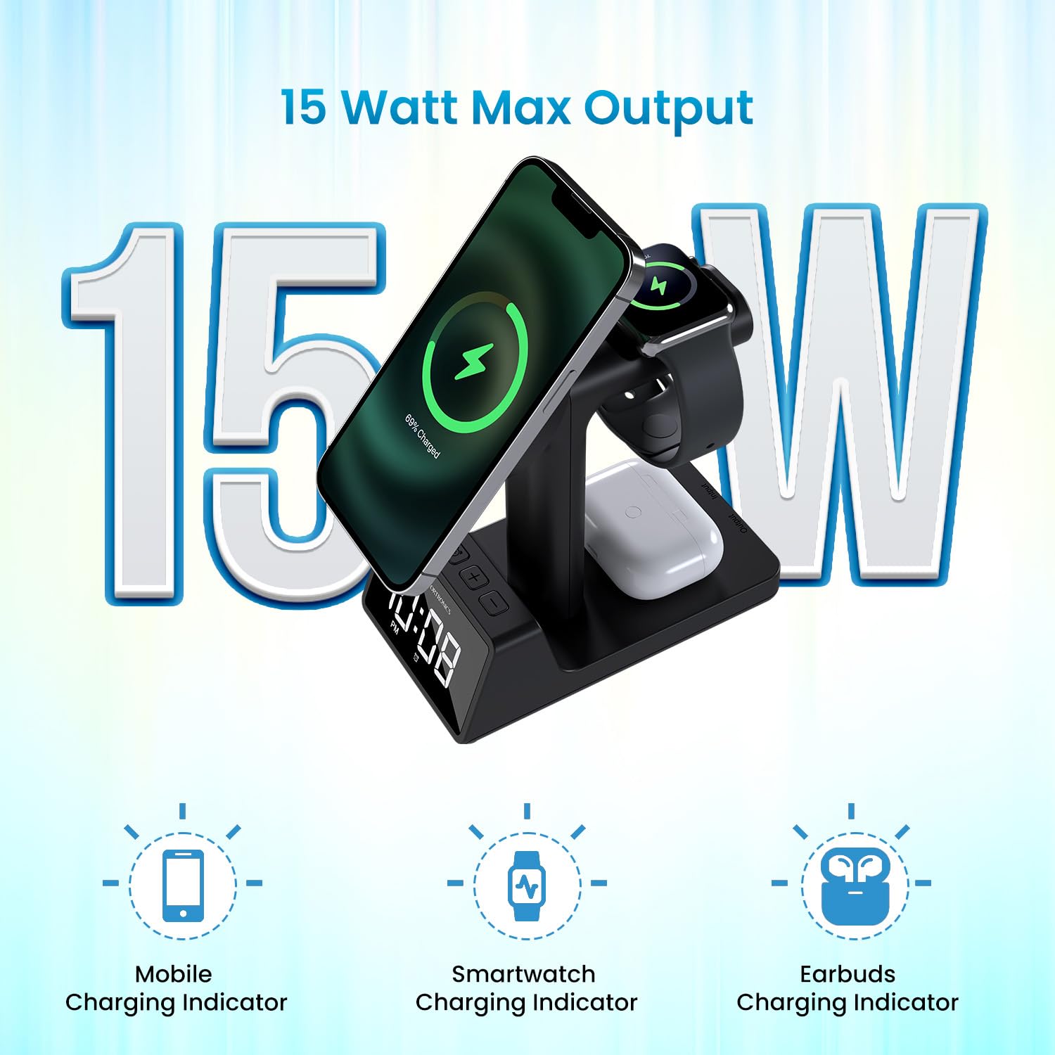 Portronics Bella 2 MagSafe Wireless Charger with Built-In Alarm Clock - 998